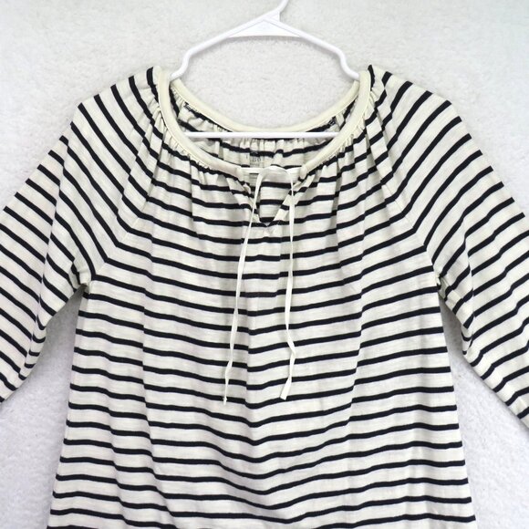 Talbots Shirt Womens Petite Medium Navy Striped Peasant 3/4 Sleeve Tie Neck - Picture 2 of 8